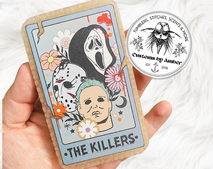 Slasher Car Freshie, Horror Tarot Card Decor | Scented Aroma Beads | Halloween Hanging Vehicle Accessory