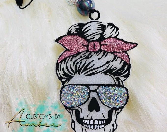 Skull Mom Freshie, Messy Bun Car Decor, Aroma Beads Fragrance (Handmade)