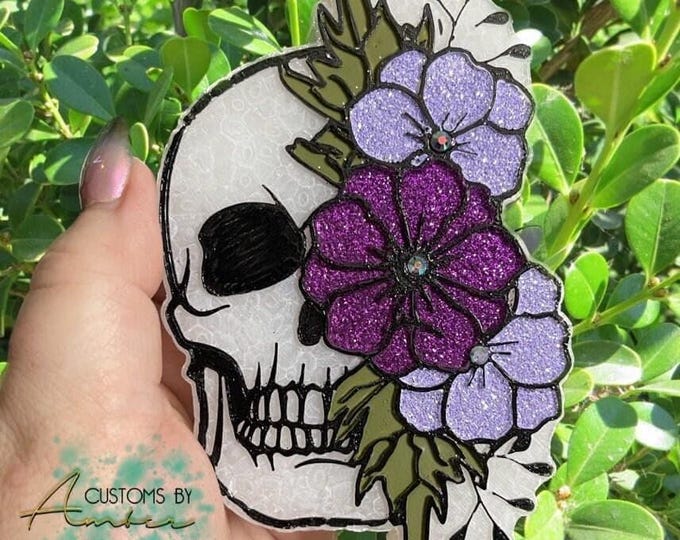 Skull Flower Freshie, Gothic Car Decor | Floral Hanging Accessory - Aroma Beads, Vehicle Charm