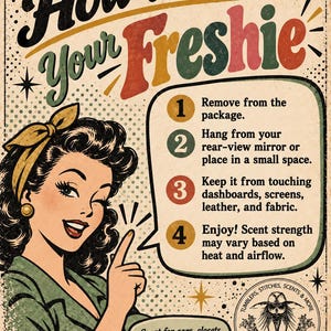 The image is a vintage advertisement featuring a smiling woman pointing upwards, with text providing instructions on how to use a product.