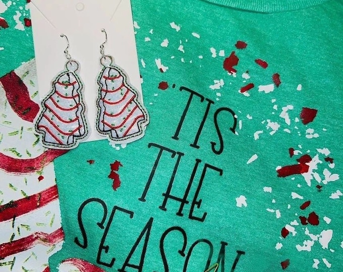 Christmas Tree Cake Earrings - Embroidered Snack Jewelry | Handmade Glitter Dangles | Nickel Free Xmas Accessories
