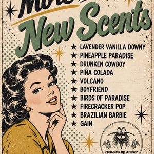 The image is a vintage-style advertisement featuring a woman with curly hair and a retro-inspired design.