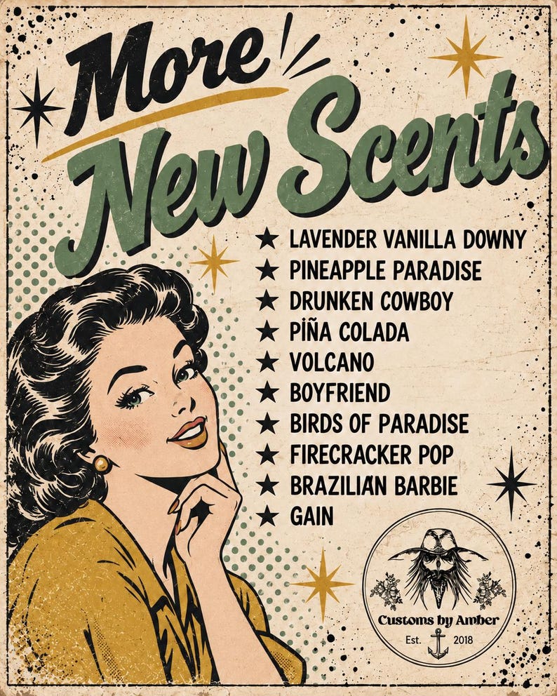 The image is a vintage-style advertisement featuring a woman with curly hair and a retro-inspired design.