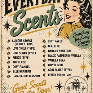 The image is a vintage advertisement featuring a woman's portrait and a list of scents, along with a starburst design and a retro style.
