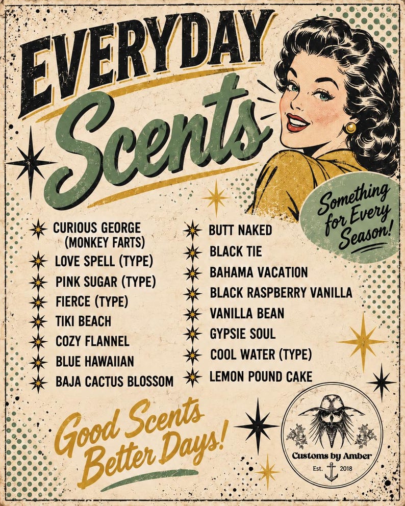 The image is a vintage advertisement featuring a woman's portrait and a list of scents, along with a starburst design and a retro style.