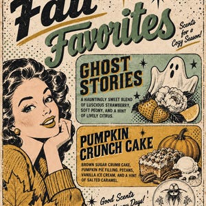 The image is a vintage-style advertisement featuring a woman in a sweater, surrounded by fall-themed illustrations and text.