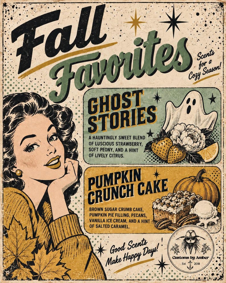 The image is a vintage-style advertisement featuring a woman in a sweater, surrounded by fall-themed illustrations and text.