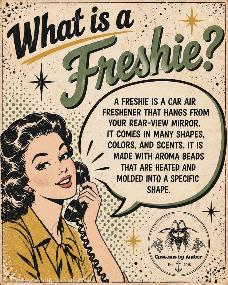 The image is a vintage-style advertisement featuring a woman talking on a telephone, with a speech bubble containing text about what is a freshening.