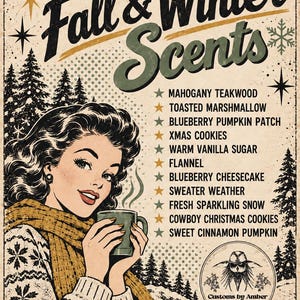 The image is a vintage-style advertisement featuring a woman holding a cup of coffee, surrounded by winter-themed elements such as pine trees and snowflakes.