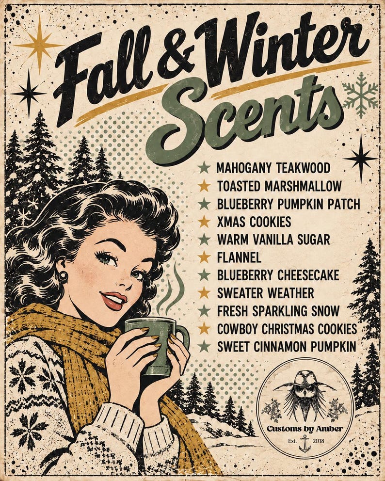 The image is a vintage-style advertisement featuring a woman holding a cup of coffee, surrounded by winter-themed elements such as pine trees and snowflakes.