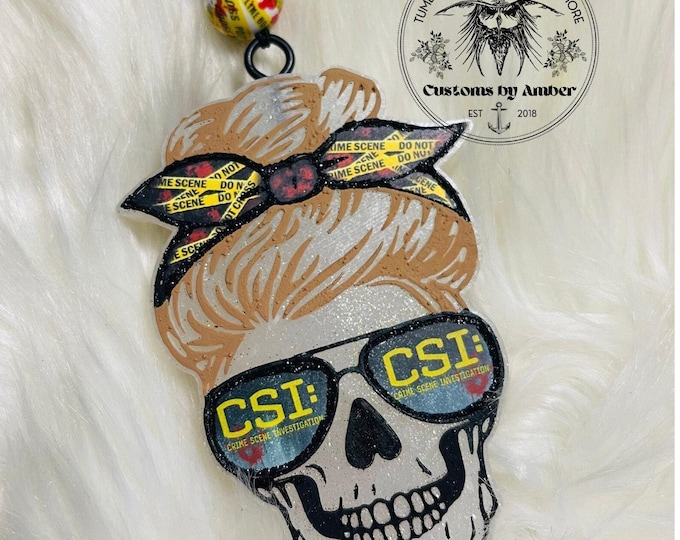 Skull Messy Bun car Freshie, CSI Car Accessory, Aroma Beads Ornament