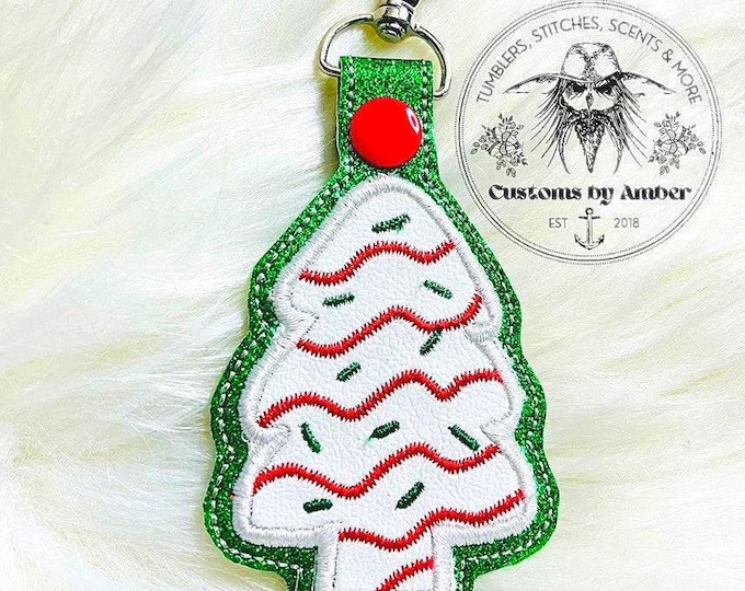 Christmas Tree Snack Cake Embroidered Keychain, Retro Holiday Key Fob