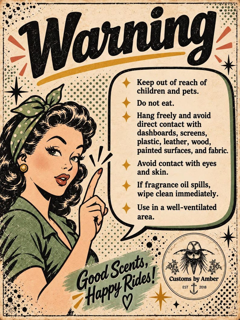 The image is a vintage-style poster with a woman pointing upwards, wearing a green dress and a bow in her hair. The poster contains text and a speech bubble, providing instructions and warnings.