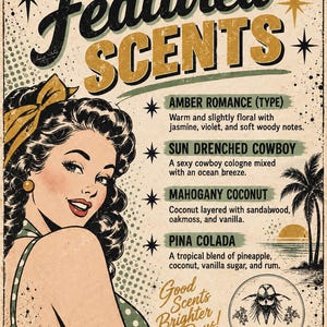 The image is a vintage-style advertisement featuring a woman's portrait and descriptions of various scents.