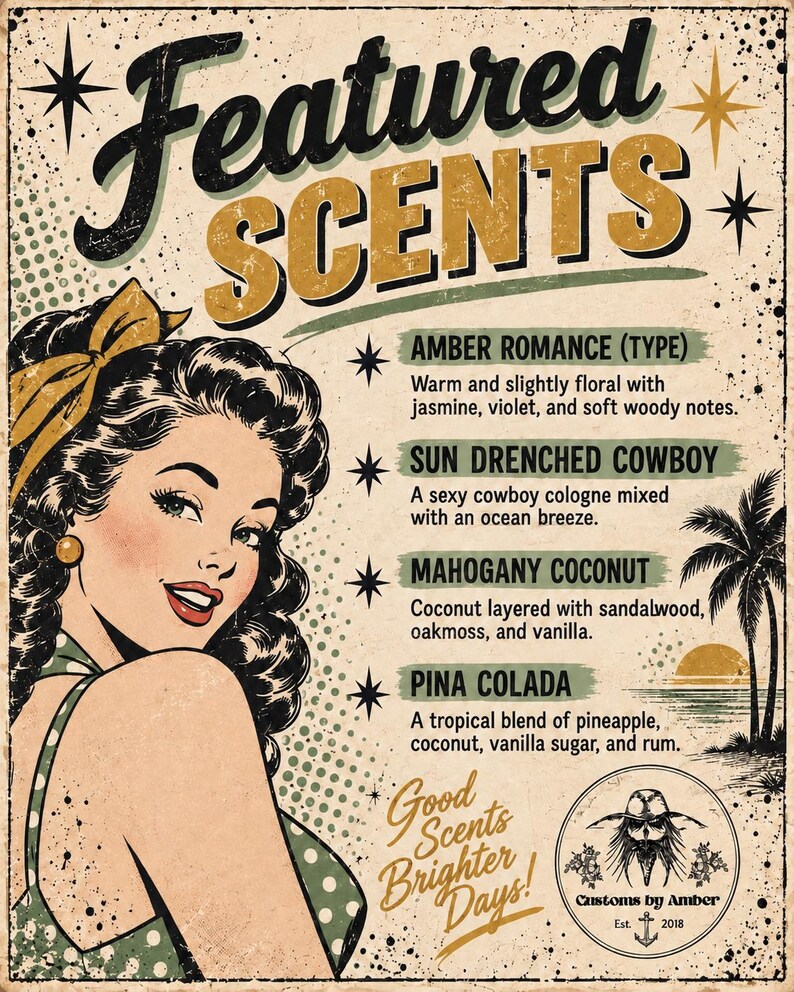 The image is a vintage-style advertisement featuring a woman's portrait and descriptions of various scents.