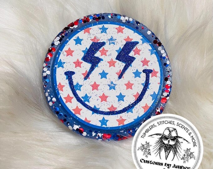 Patriotic Smiley Face Lightning Bolt Freshie, Red White Blue Aroma Beads Car Accessory