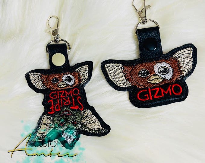 Retro Fuzzy Monster Embroidered Keychain, 80s Nostalgia Bag Charm Giz and Stripe