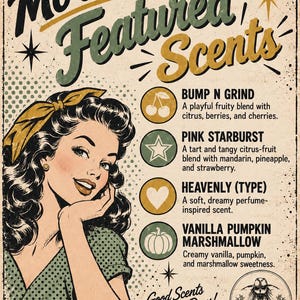 The image is a vintage-style advertisement featuring a woman with curly hair and a bow in her hair, along with various scents listed below her.