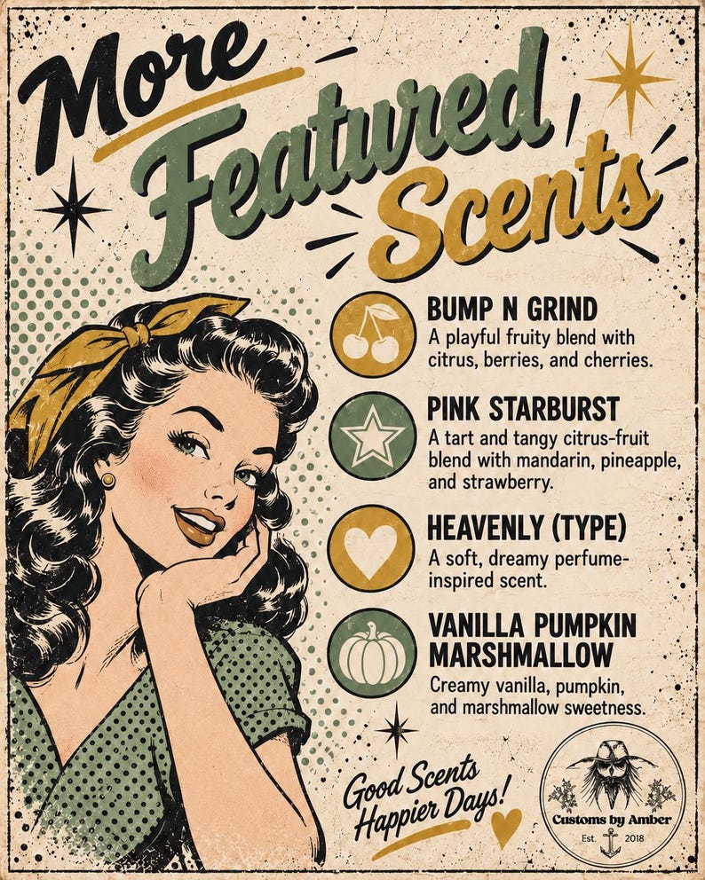 The image is a vintage-style advertisement featuring a woman with curly hair and a bow in her hair, along with various scents listed below her.