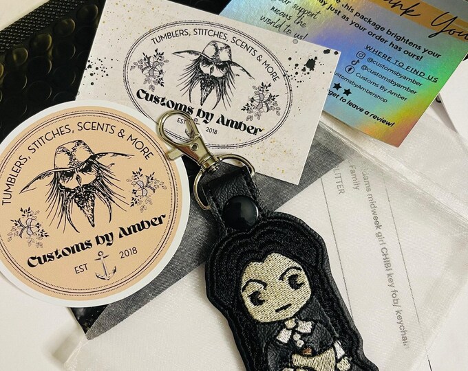 Embroidered Axe Girl Keychain – Chibi Goth Bag Charm, Halloween keychains