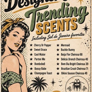The image is a vintage-style advertisement featuring a woman in a retro dress and a starburst design.
