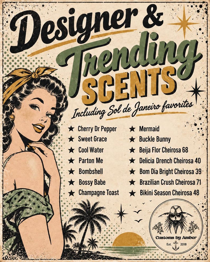 The image is a vintage-style advertisement featuring a woman in a retro dress and a starburst design.