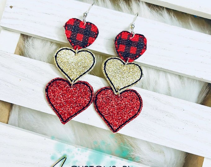 Embroidered Buffalo Check Heart Earrings, Red Gold Dangle Jewelry (3 Inch Drops)
