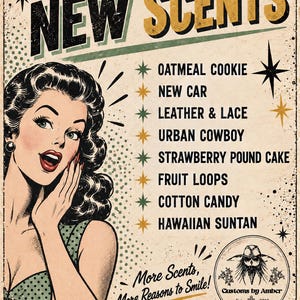 The image is a vintage advertisement featuring a woman with curly hair and a surprised expression, along with a list of new scents and a logo for a company.