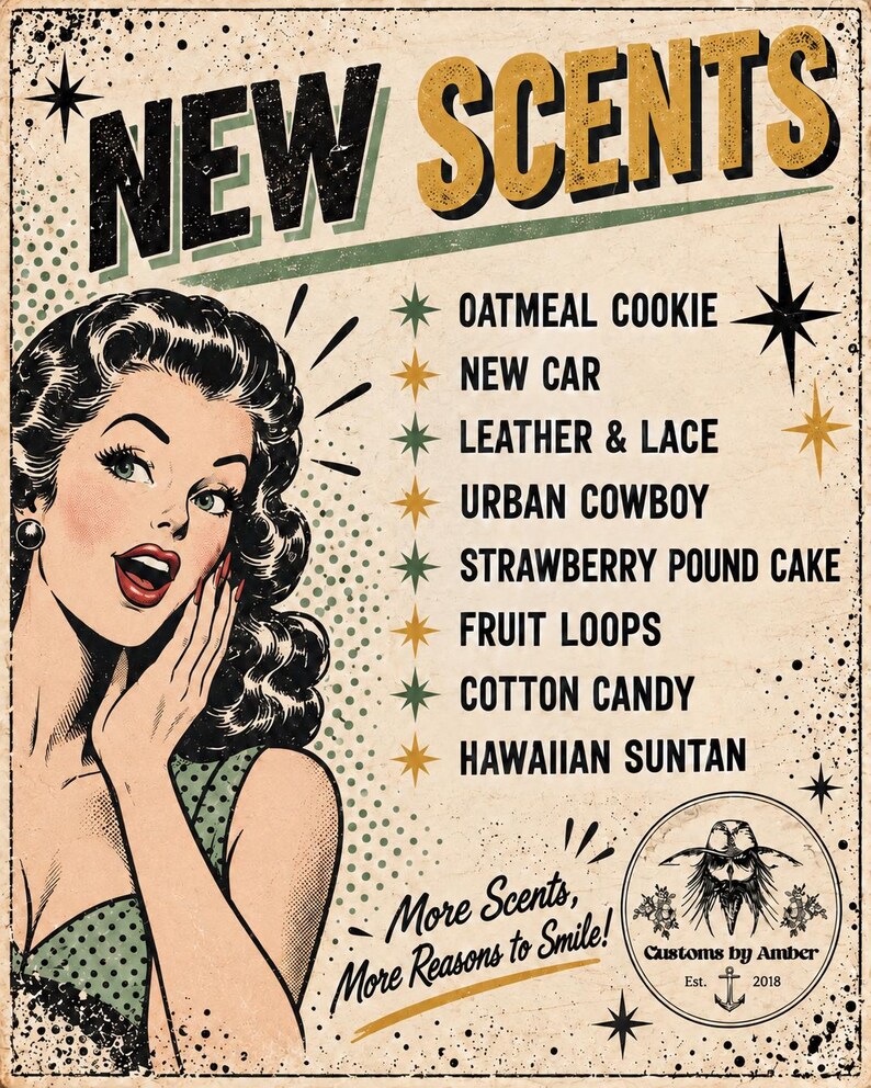 The image is a vintage advertisement featuring a woman with curly hair and a surprised expression, along with a list of new scents and a logo for a company.