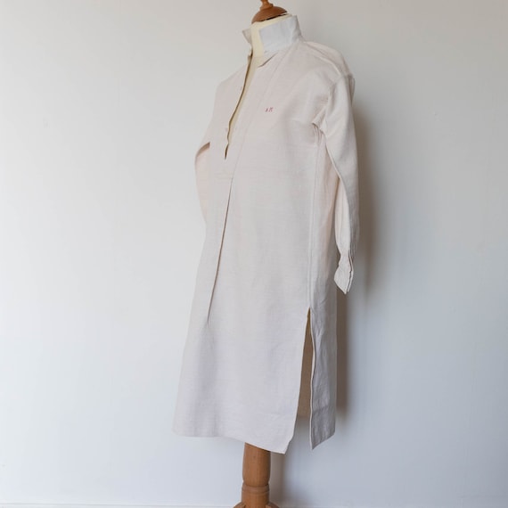 Antique Vintage French Classic Shirt, Natural Hemp Linen Collared Buttoned Slit Neckline, 3/4 Length Gathered Sleeves, AM Monogram. US L