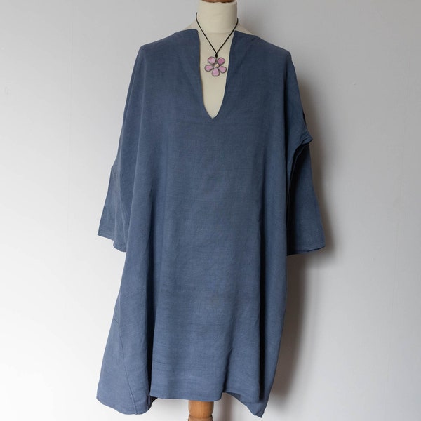 Antique Vintage French Classic Chemise Shirt Dress, French Blue Hemp Linen, Slit Neckline, 3/4 Length Sleeves, MJ Monogram, US L 16