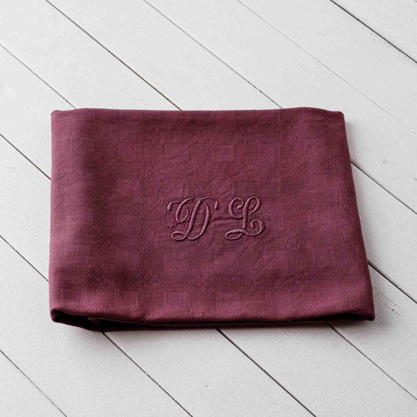 Vintage French Damask Fabric Napkin Deep Mauve Plum Embroidered Monogram DL, Unique Gift, Authentic 1900s Linens. 56cm x 73cm (22in by 29in)