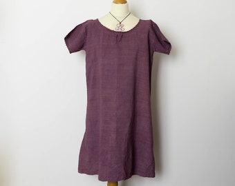 Antique Vintage French Lagenlook Mori Girl Bordeaux Wine Shift Dress, Natural Linen Hemp, Broderie Round Neckline, Short Sleeves, US 20 XXL