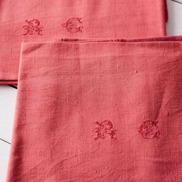 Vintage French Linen Two Burnt Orange Serviettes de Table, RE Monogram Cross-stitch, Tote Bag Fabric, Cushion Cover.