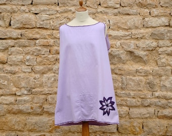 Lilac Linen Shift Dress with matching Purple Slow Stitch Flower Appliqué (US 18 XL)