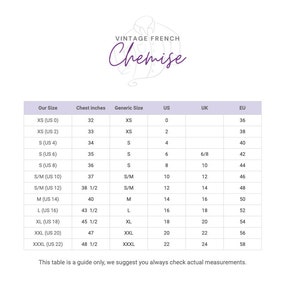 May include: Size chart for a vintage French chemise, showing chest measurements in inches and corresponding sizes in US, UK, and EU sizing. The chart includes sizes XS, S, S/M, M, L, XL, XXL, and XXXL.