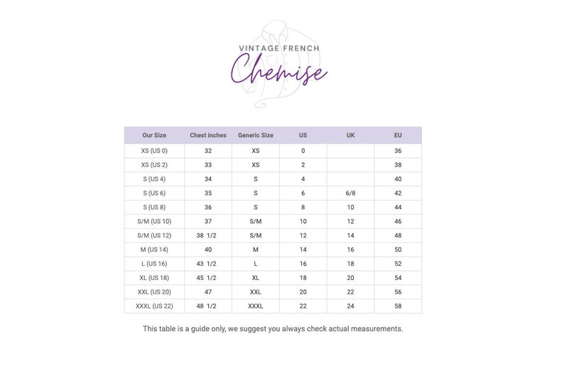 May include: Size chart for a vintage French chemise, showing chest measurements in inches and corresponding sizes in US, UK, and EU sizing. The chart includes sizes XS, S, S/M, M, L, XL, XXL, and XXXL.