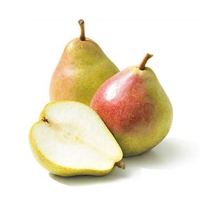 May include: Three pears, two whole and one cut in half, with a yellow-green skin and a red blush. The cut pear shows the white flesh inside.