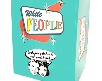 May include: A teal blue box with a red and white retro design. The box has the text "White People" in a colorful font. The box also has a speech bubble with the text "Grab your pals for a real swell time!" and a cartoon image of a couple.