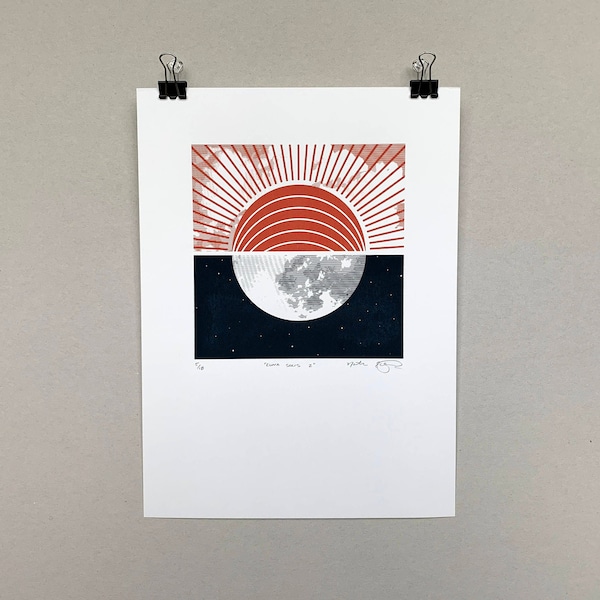 Luna Solis - Red & Blue Print // Original Limited Edition Handmade Silkscreen Print // Sun and Moon Art Print // 8x10 inches