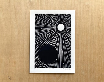 Occlude - Off-Black Print // Original Limited Edition  Handmade Linocut Relief Print // Celestial Print // 5x7 inches