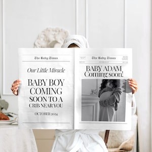 出産祝いの新聞、ミニマルな妊娠報告の新聞、ベビーシャワーの新聞、もうすぐ赤ちゃん誕生の新聞、Canvaテンプレート