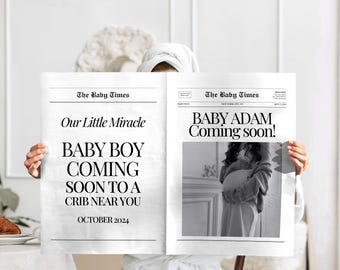 Aangepaste babykrantaankondiging, minimalistische krant zwangerschapsaankondiging, babyshowerkrant, baby komt eraan, canvassjabloon