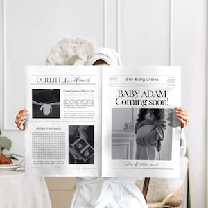 カスタマイズ可能な新聞出産報告、編集可能な新聞妊娠報告、新聞ベビーシャワー、もうすぐ赤ちゃん誕生、Canvaテンプレート
