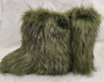 Mix Green Faux Fur Boots, Snow Boots, Warm Boots for Women