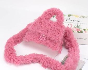 Pink Fluffy Faux Fur Hand Bag, Fur Shoulder Bag for Women, Gift for Her