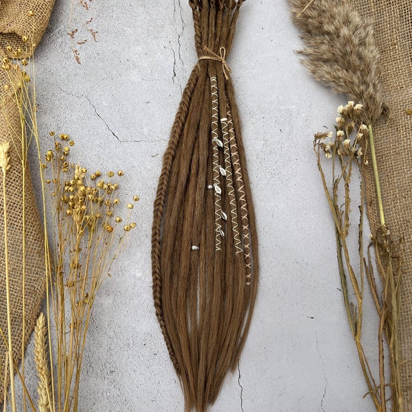 Dreadlocks en cheveux synthétiques de couleur brune naturelle | Dreadlocks lisses et légers, double extrémités/simples, décorées