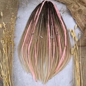 Natural looking brown-dark blond-light blonde color with pink dreadlocks extensions| crochet synthetic double ends/single ends dreads