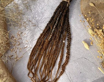 Natural looking dark brown with light brown ends synthetic hair textured double ends/single ends dreadlocks with jewelry