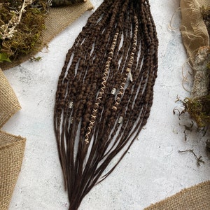 Dreadlocks extensions brown Viking style| textured light weight  synthetic hair dreads with Viking style jewelry
